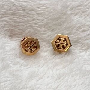 AUTH Tory Burch Gold Hexagon Stud Earrings